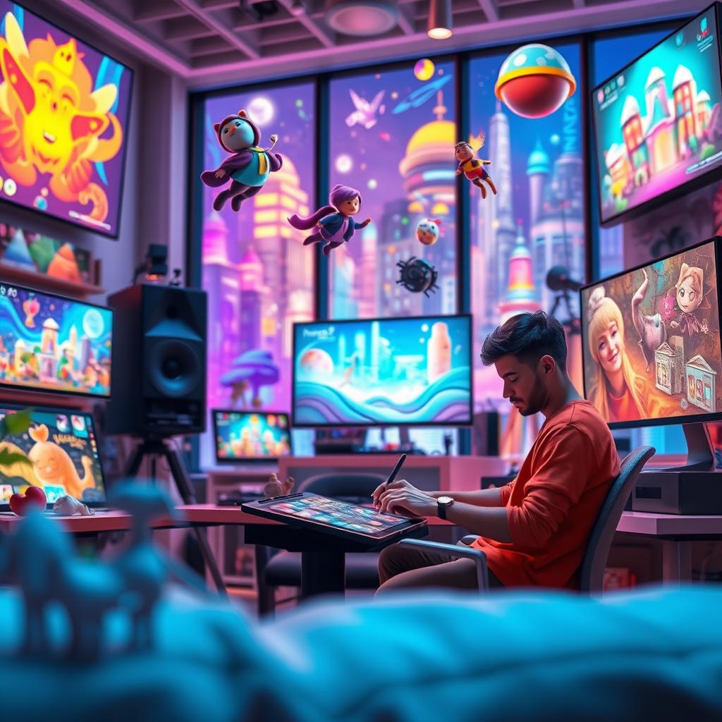 A vibrant digital art scene showcasing a variety of elements related to digital design and animation