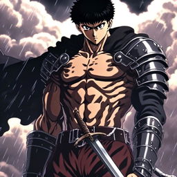 Anime profile picture of Guts from 'Berserk' in his Black Swordsman attire with his mechanical prosthetic arm and Dragon Slayer sword against a stormy night sky.