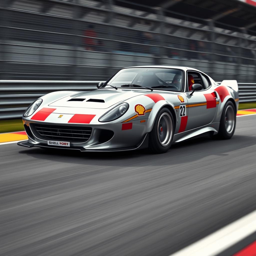 A Ferrari 296 GT3, sleek and powerful, painted in a stunning silver color