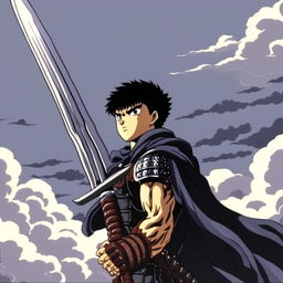 Anime profile picture of Guts from 'Berserk' in his Black Swordsman attire with his mechanical prosthetic arm and Dragon Slayer sword against a stormy night sky.