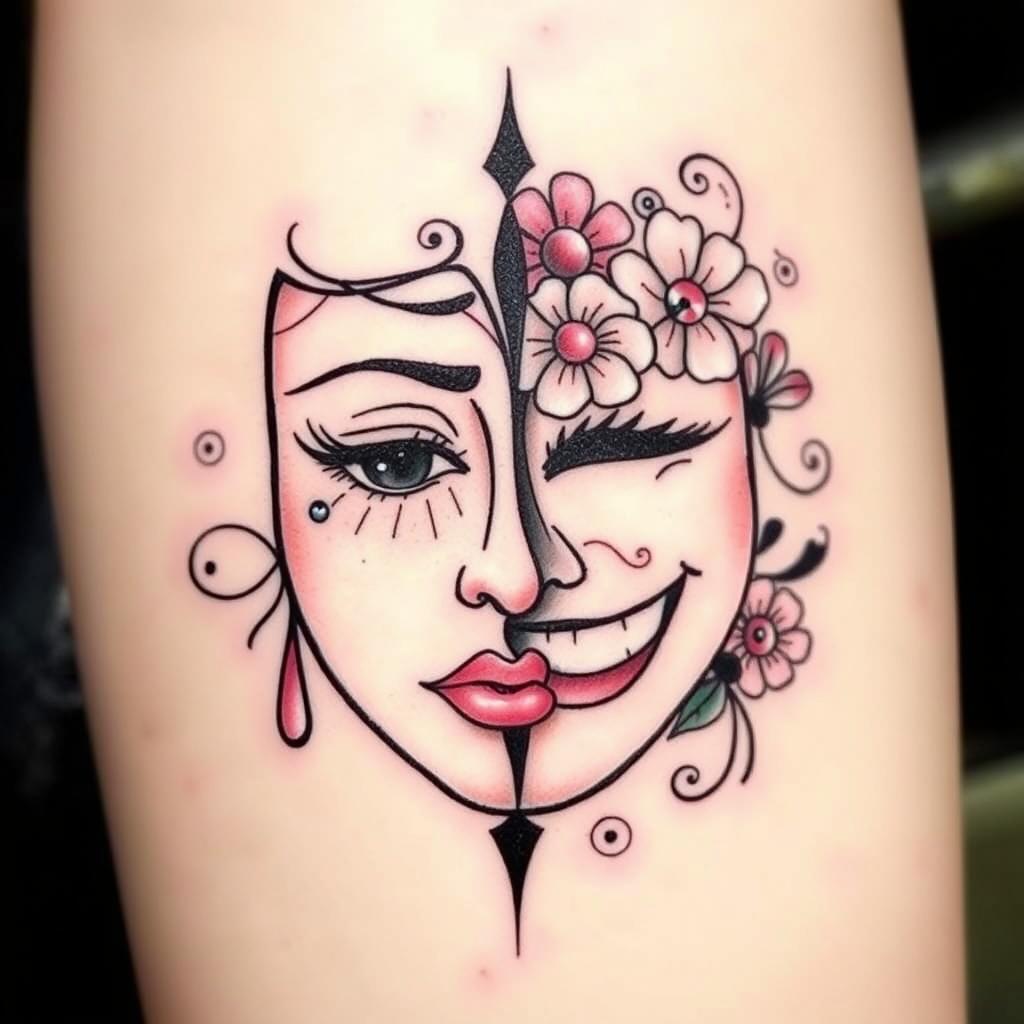 A striking tattoo design of a feminine mask split in half, showcasing two contrasting emotions