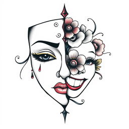 A striking tattoo design of a feminine mask split in half, showcasing two contrasting emotions