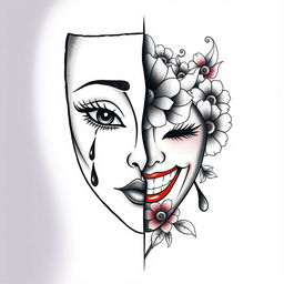 A striking tattoo design of a feminine mask split in half, showcasing two contrasting emotions