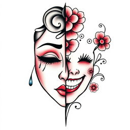 A striking tattoo design of a feminine mask split in half, showcasing two contrasting emotions