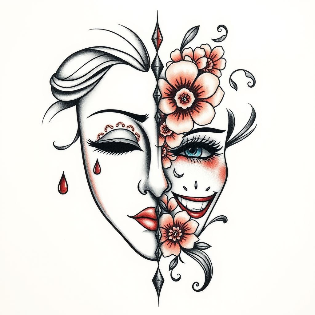 A striking tattoo design of a feminine mask split vertically down the middle, showcasing two contrasting emotions