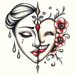 A striking tattoo design of a feminine mask split vertically down the middle, showcasing two contrasting emotions