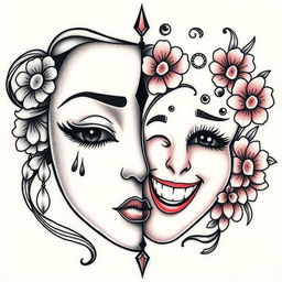 A striking tattoo design of a feminine mask split vertically down the middle, showcasing two contrasting emotions