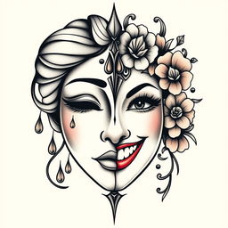 A striking tattoo design of a feminine mask split vertically down the middle, showcasing two contrasting emotions