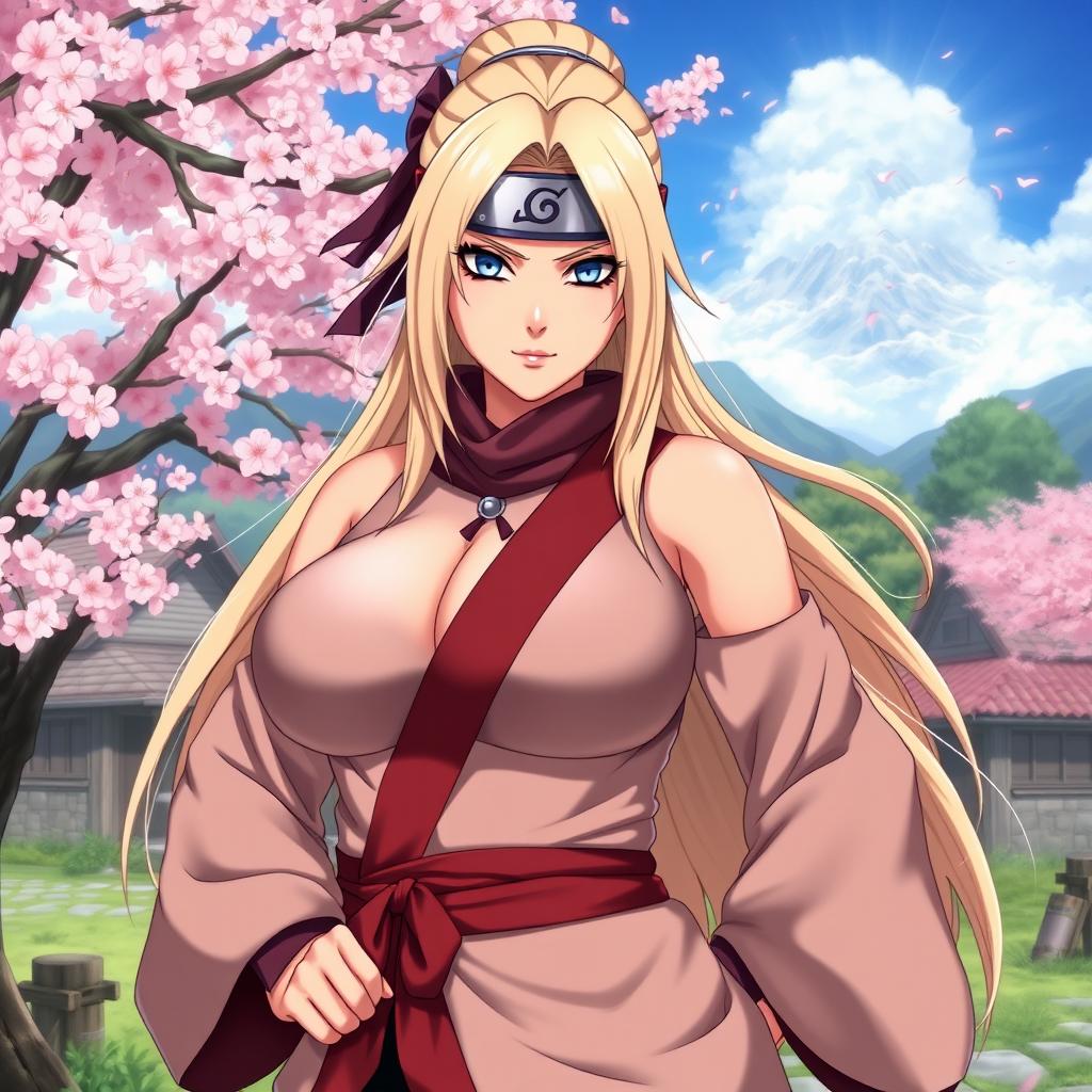 An artistic portrayal of Tsunade, a strong and confident blonde ninja from Naruto, featuring her with large breasts and a determined expression