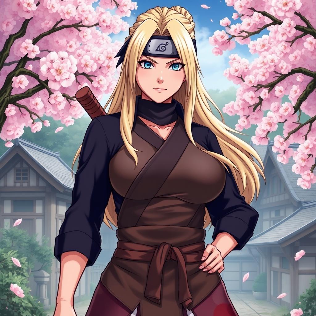 An artistic portrayal of Tsunade, a strong and confident blonde ninja from Naruto, featuring her with large breasts and a determined expression