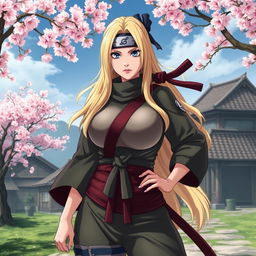 An artistic portrayal of Tsunade, a strong and confident blonde ninja from Naruto, featuring her with large breasts and a determined expression