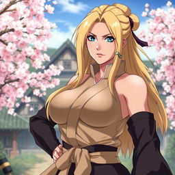 An artistic portrayal of Tsunade, a strong and confident blonde ninja from Naruto, featuring her with large breasts and a determined expression