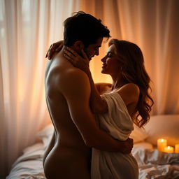 An intimate and sensual scene that captures a couple embracing in a passionate moment, showcasing their chemistry and connection