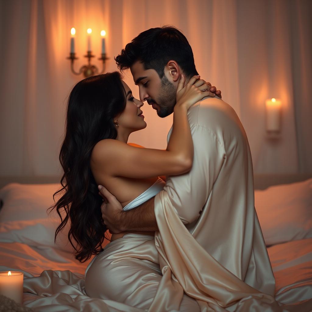 An intimate and sensual scene that captures a couple embracing in a passionate moment, showcasing their chemistry and connection