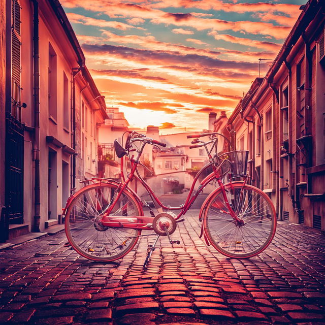 A vintage bicycle on a cobblestone street at sunset, with a basket full of wildflowers and an old cityscape in the distance.