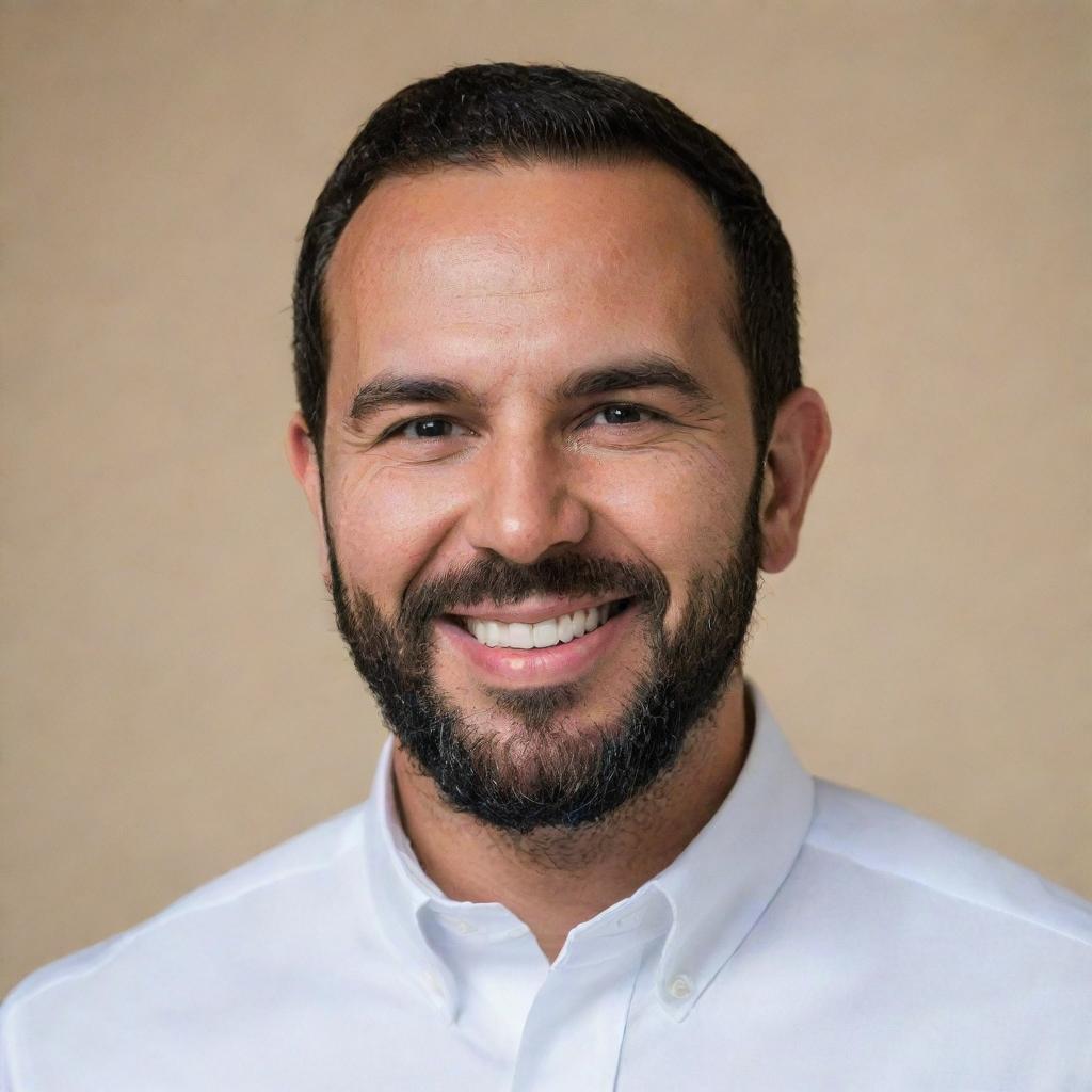 A professional and detailed portrait of Nayib Bukele, current president of El Salvador, wearing a crisp white shirt and a charismatic smile.