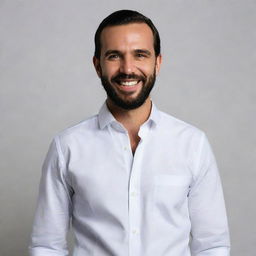 A professional and detailed portrait of Nayib Bukele, current president of El Salvador, wearing a crisp white shirt and a charismatic smile.