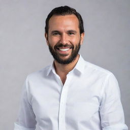 A professional and detailed portrait of Nayib Bukele, current president of El Salvador, wearing a crisp white shirt and a charismatic smile.