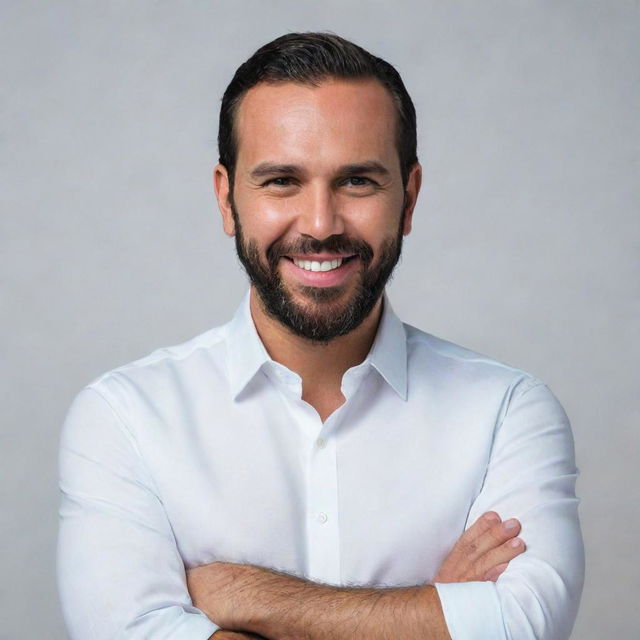 A professional and detailed portrait of Nayib Bukele, current president of El Salvador, wearing a crisp white shirt and a charismatic smile.