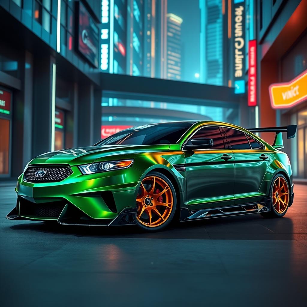 An exotic and futuristic design of a 2013 Ford Taurus SHO, showcasing an aggressive bodykit inspired by Lamborghini aesthetics