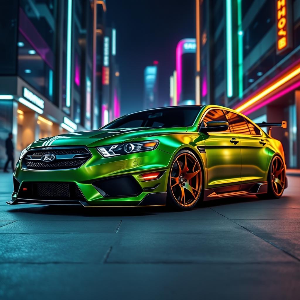 An exotic and futuristic design of a 2013 Ford Taurus SHO, showcasing an aggressive bodykit inspired by Lamborghini aesthetics