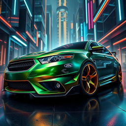 An exotic and futuristic design of a 2013 Ford Taurus SHO, showcasing an aggressive bodykit inspired by Lamborghini aesthetics