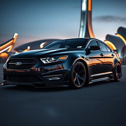 A futuristic and exotic interpretation of a 2013 Ford Taurus SHO, featuring an aggressive bodykit inspired by the styling of a BMW M8