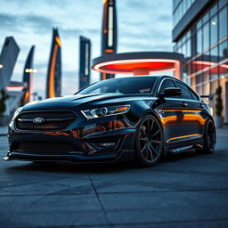 A futuristic and exotic interpretation of a 2013 Ford Taurus SHO, featuring an aggressive bodykit inspired by the styling of a BMW M8