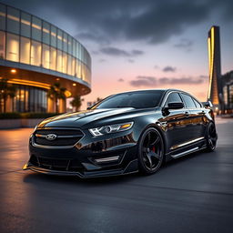 A futuristic and exotic interpretation of a 2013 Ford Taurus SHO, featuring an aggressive bodykit inspired by the styling of a BMW M8