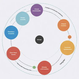 Draw a large circle labeled as 'Viral Posts' encompassing smaller circles for viral content types like memes, news articles, and videos. Arrows connect smaller circles to 'Viral Posts', showing their relationship. Other circles represent research methods like 'Content Analysis', 'Social Network Analysis' and 'Sentiment Analysis', connected with data collection and analysis tools. Circle this visualization with key points mentioned like 'Impact on Behavior', 'Influence on Public Opinion', 'Strate