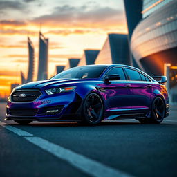 A stunning and futuristic rendition of a 2013 Ford Taurus SHO, featuring an aggressive bodykit influenced by the design language of the BMW M8