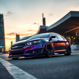 A stunning and futuristic rendition of a 2013 Ford Taurus SHO, featuring an aggressive bodykit influenced by the design language of the BMW M8