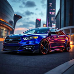 A stunning and futuristic rendition of a 2013 Ford Taurus SHO, featuring an aggressive bodykit influenced by the design language of the BMW M8