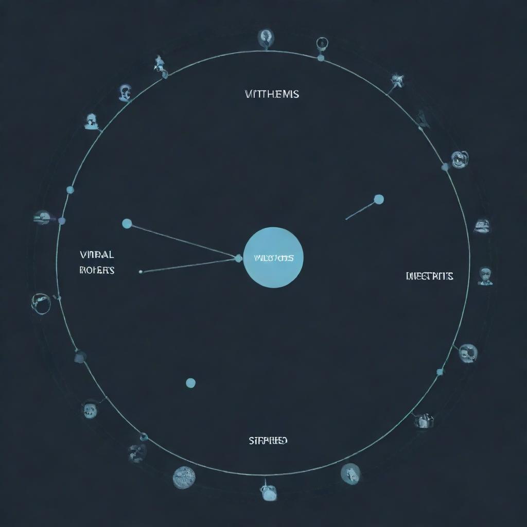 Draw a large circle labeled as 'Viral Posts' encompassing smaller circles for viral content types like memes, news articles, and videos. Arrows connect smaller circles to 'Viral Posts', showing their relationship. Other circles represent research methods like 'Content Analysis', 'Social Network Analysis' and 'Sentiment Analysis', connected with data collection and analysis tools. Circle this visualization with key points mentioned like 'Impact on Behavior', 'Influence on Public Opinion', 'Strate