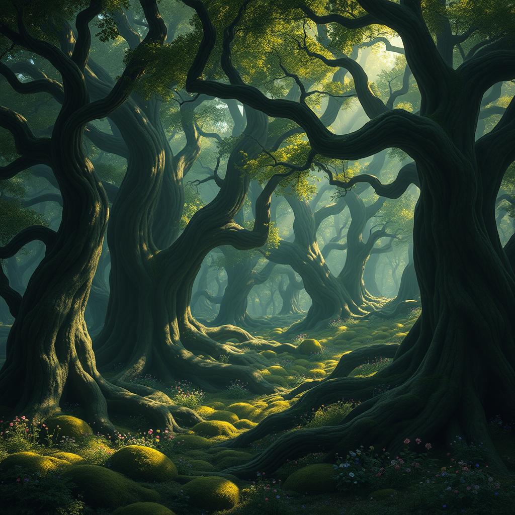 A mystical forest known as Knurlwood, sprawling over thirty-seven thousand square acres, depicted as one of the oldest living beings in the world of Mithea