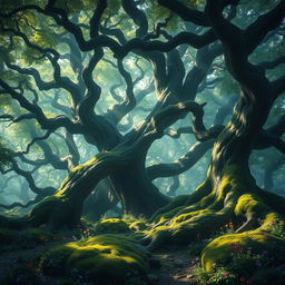 A mystical forest known as Knurlwood, sprawling over thirty-seven thousand square acres, depicted as one of the oldest living beings in the world of Mithea