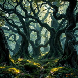 A mystical forest known as Knurlwood, sprawling over thirty-seven thousand square acres, depicted as one of the oldest living beings in the world of Mithea