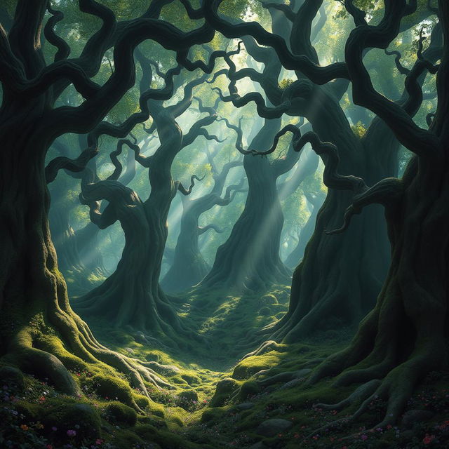 A mystical forest known as Knurlwood, sprawling over thirty-seven thousand square acres, depicted as one of the oldest living beings in the world of Mithea