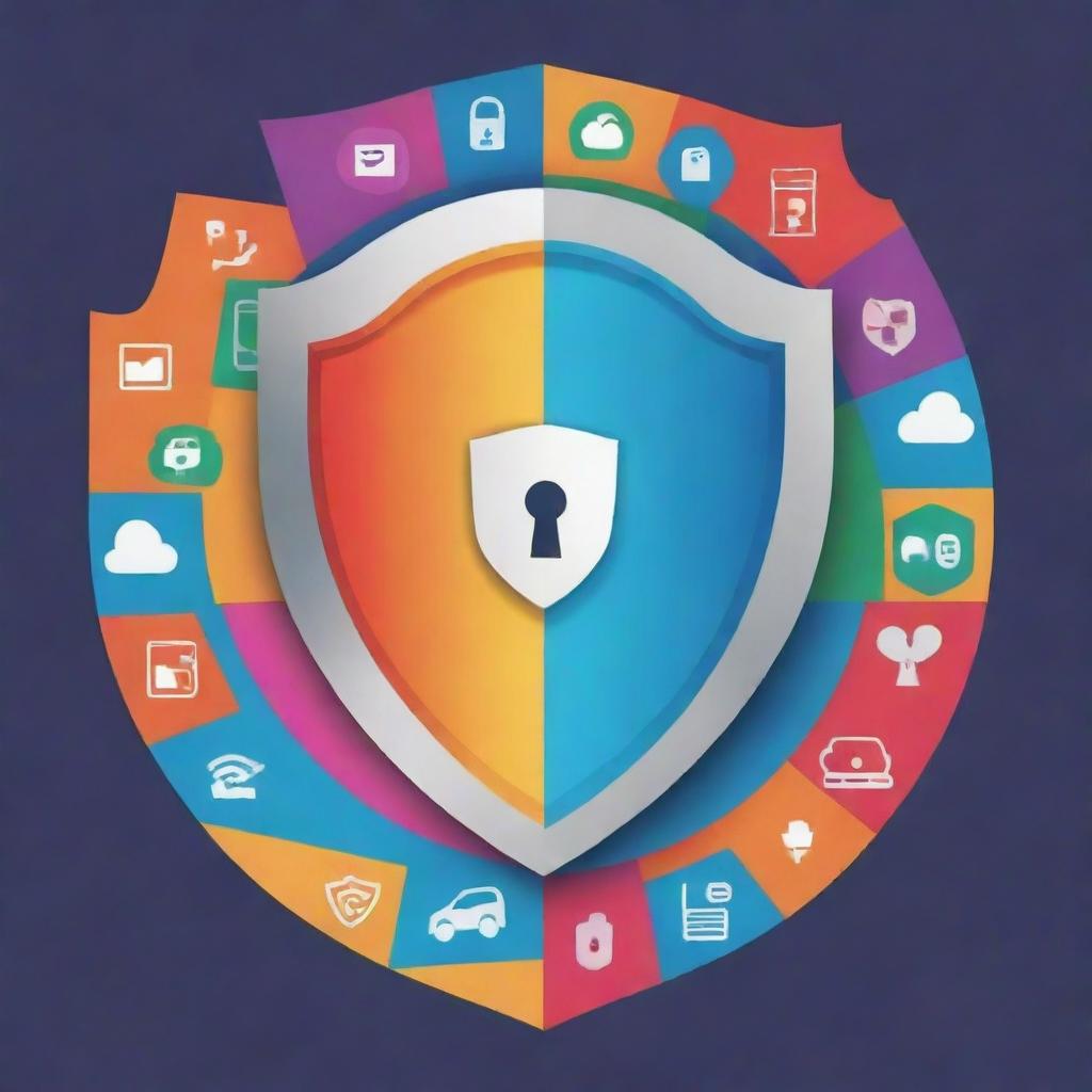 Design a compelling poster about online safety. It should feature symbolic images of a shield, padlock, computer, and internet cloud. Incorporate vivid colours and clear, bold text conveying the importance of online security practices.