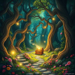 A magical landscape of Whitebark, a whimsical forest spanning six thousand square acres, depicted with an enchanting yet mischievous atmosphere