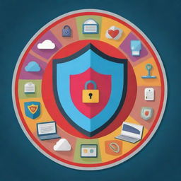 Design a compelling poster about online safety. It should feature symbolic images of a shield, padlock, computer, and internet cloud. Incorporate vivid colours and clear, bold text conveying the importance of online security practices.