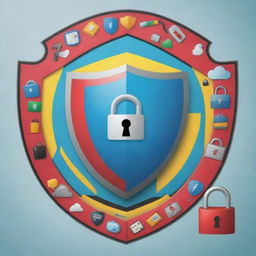 Design a compelling poster about online safety. It should feature symbolic images of a shield, padlock, computer, and internet cloud. Incorporate vivid colours and clear, bold text conveying the importance of online security practices.