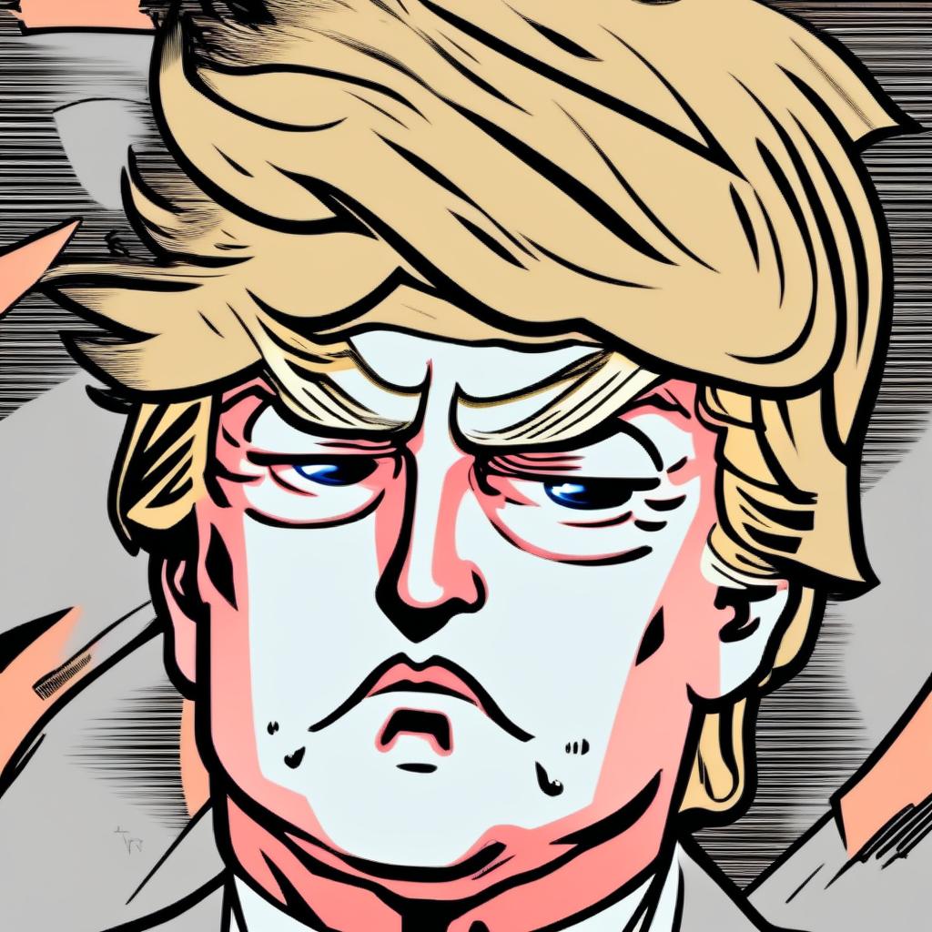 Anime-style manga illustration profile picture of Donald Trump with exaggerated features, detailed line art, and monochromatic color scheme.