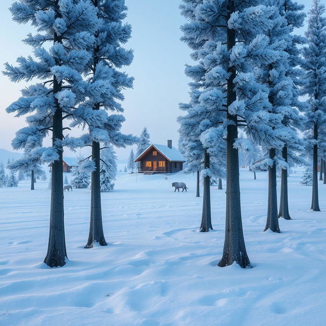 A fantastical scene of a stand of rime-covered pines, their branches delicately frosted with glistening ice crystals, depicted as if they are gracefully walking together towards an arctic settlement