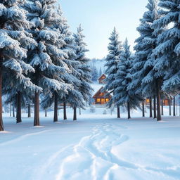 A fantastical scene of a stand of rime-covered pines, their branches delicately frosted with glistening ice crystals, depicted as if they are gracefully walking together towards an arctic settlement