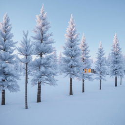 A fantastical scene of a stand of rime-covered pines, their branches delicately frosted with glistening ice crystals, depicted as if they are gracefully walking together towards an arctic settlement