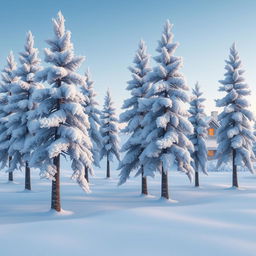 A fantastical scene of a stand of rime-covered pines, their branches delicately frosted with glistening ice crystals, depicted as if they are gracefully walking together towards an arctic settlement