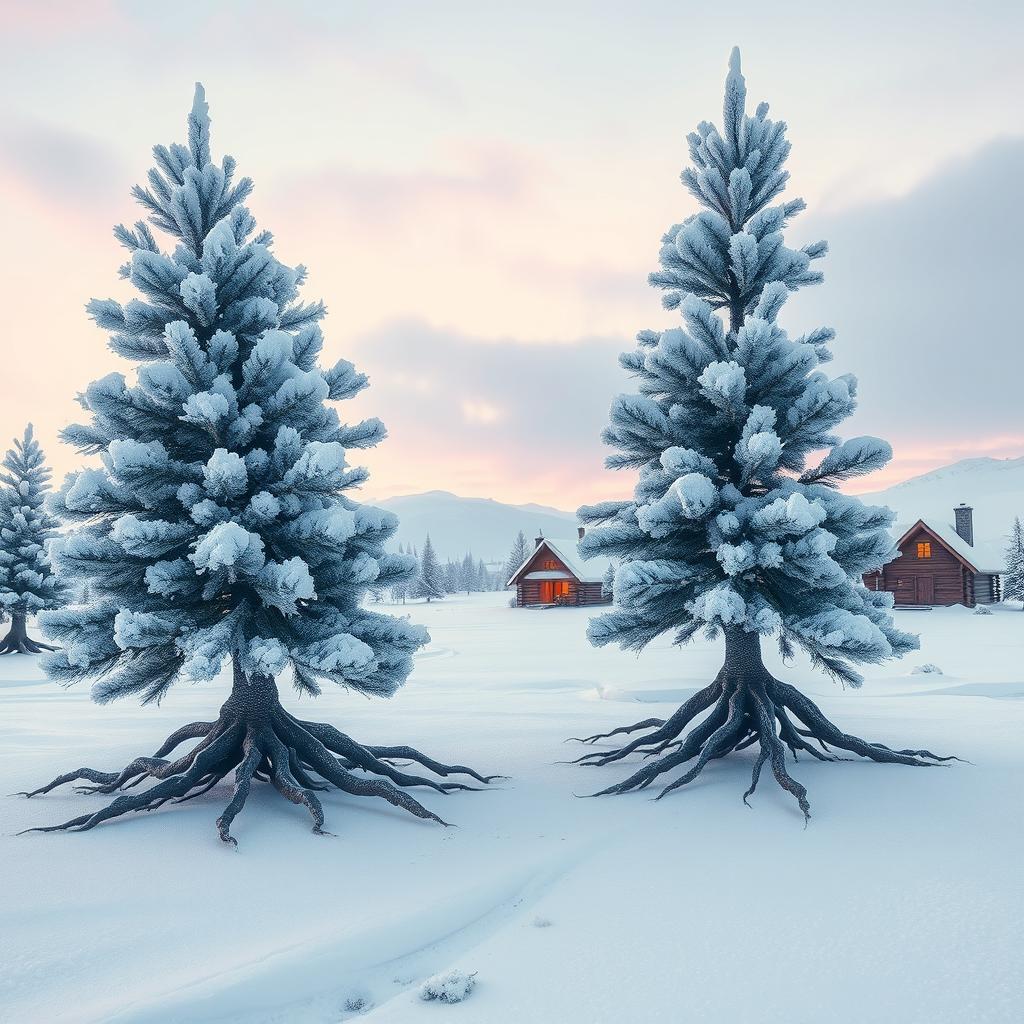 A fantastical scene showcasing a stand of rime-covered pines, their branches adorned with glistening ice crystals, as they walk gracefully on their roots towards an arctic settlement