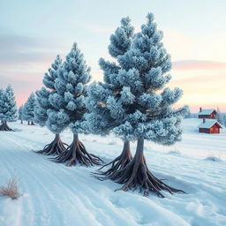 A fantastical scene showcasing a stand of rime-covered pines, their branches adorned with glistening ice crystals, as they walk gracefully on their roots towards an arctic settlement