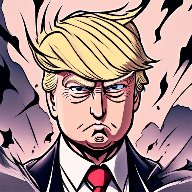 Anime-style manga illustration profile picture of Donald Trump with exaggerated features, detailed line art, and monochromatic color scheme.